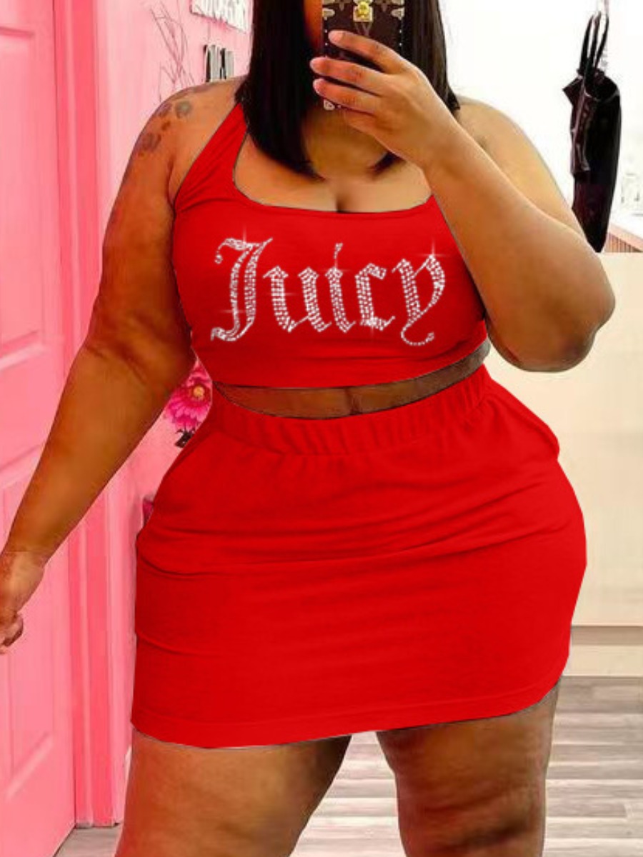 

LW Plus Size Hot Drilling Letter Decor Skirt Set, Red