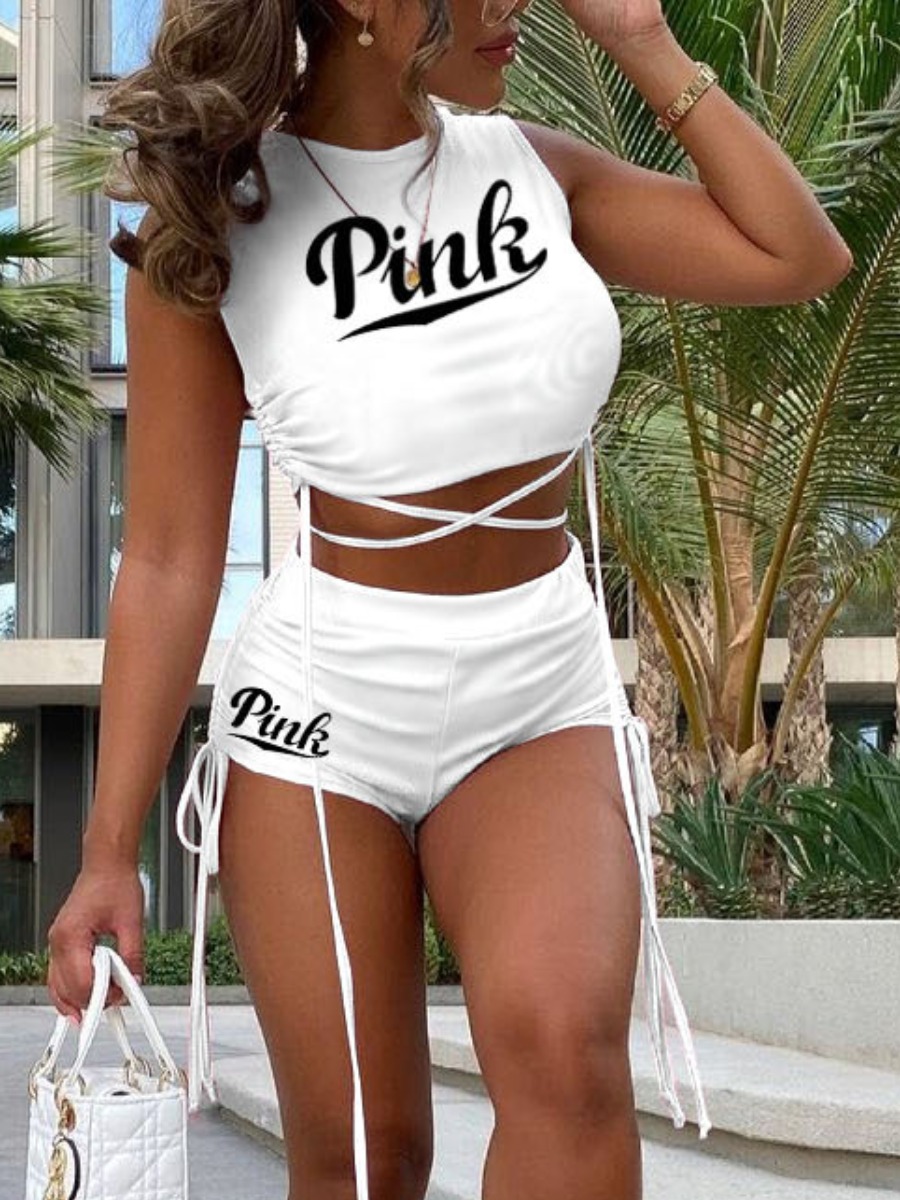 

LW Pink Letter Print Drawstring Shorts Set, White