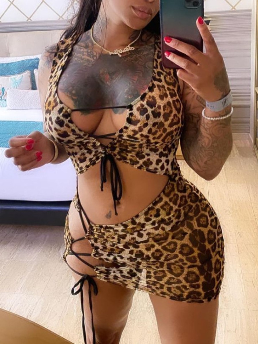 

LW SXY Leopard Print Lace-up Design Dress