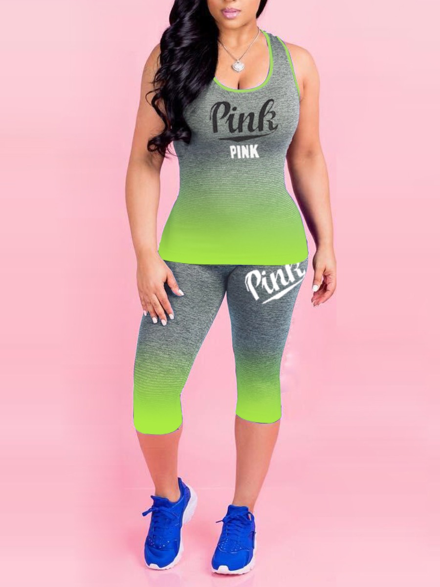 

LW Gradient Pink Letter Print Pants Set, Green