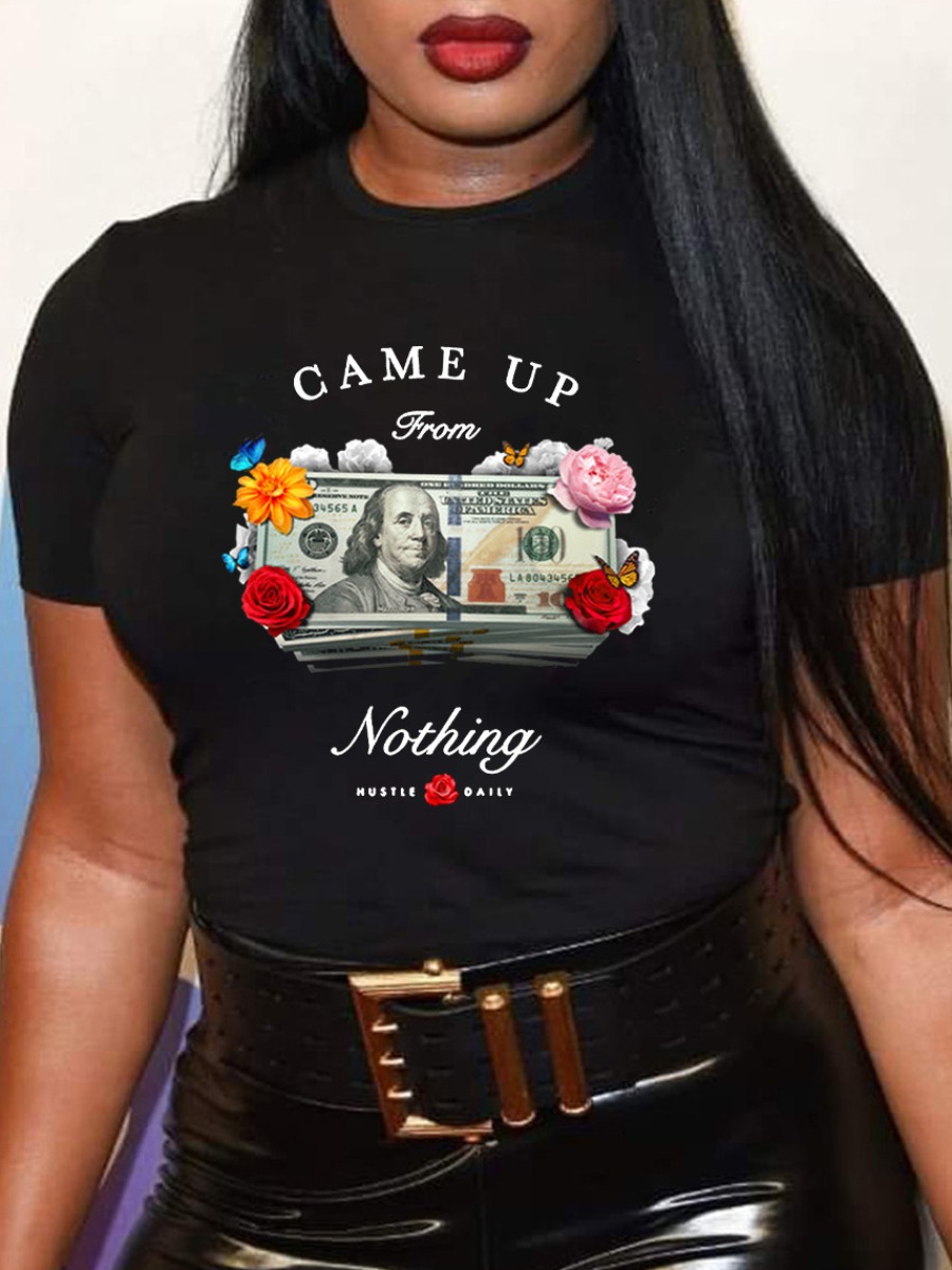 LW Plus Size Money Floral Letter Print T-shirt
