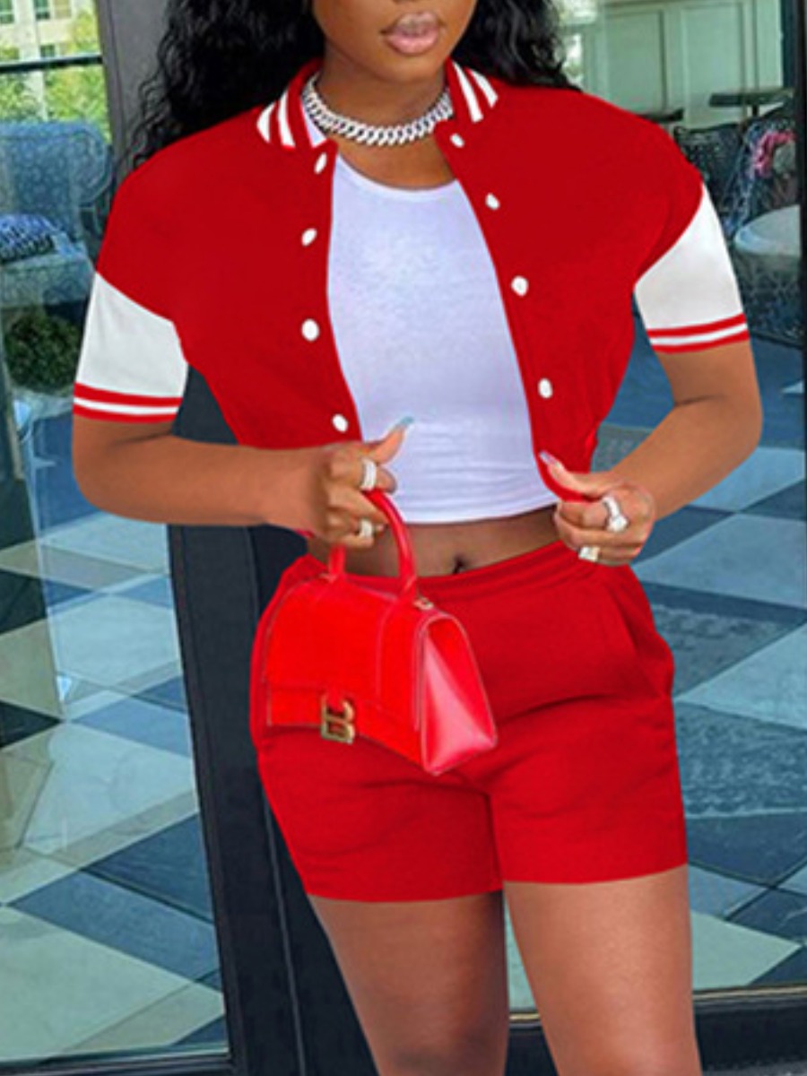 

LW Striped Button Design Shorts Set, Red