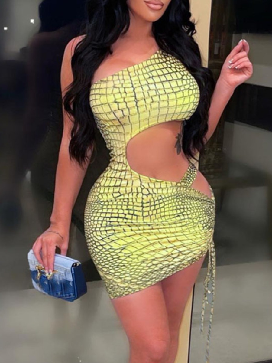 

LW SXY One Shoulder Snakeskin Print Drawstring Dress, Yellow