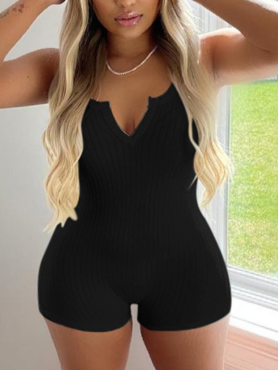 

LW Rib-Knit Cami Romper, Black