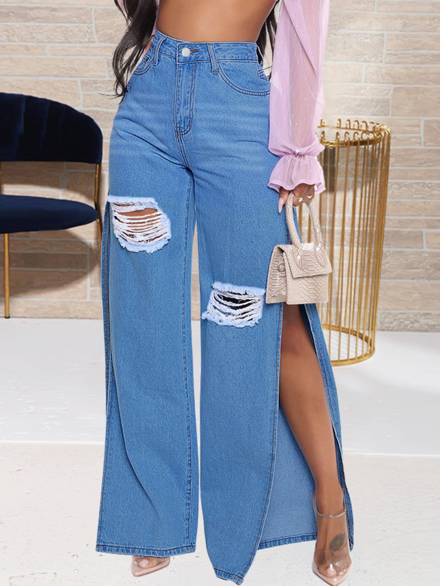 

LW SXY Ripped High Split Jeans, Baby blue