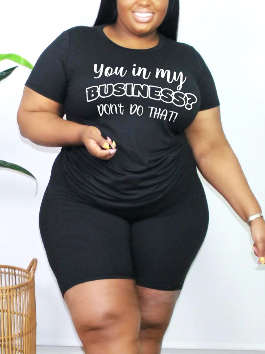 

LW Plus Size Round Neck Letter Print Shorts Set, Pitch-black