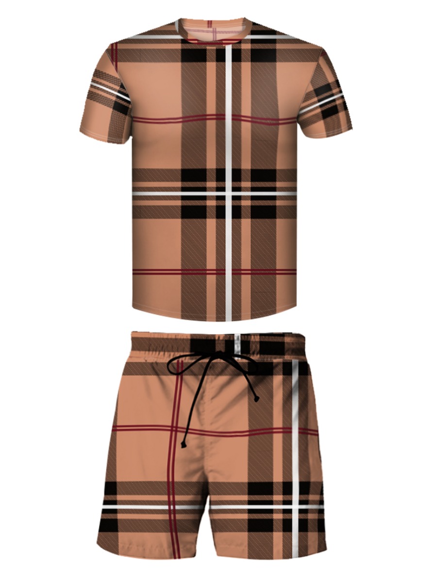 

LW Men Plaid Print Drawstring Shorts Set, Caramel color
