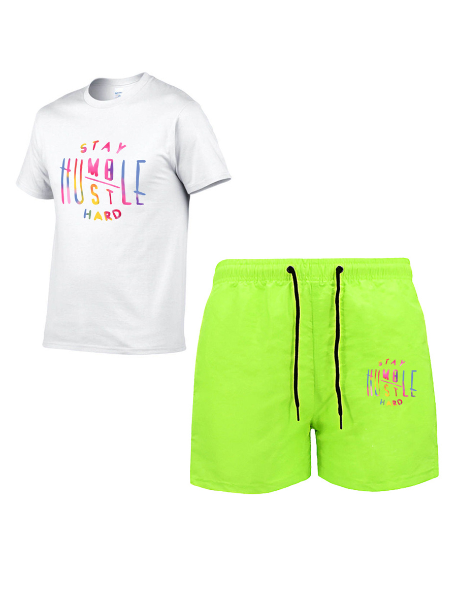 

LW Men Letter Print Drawstring Shorts Set, Green