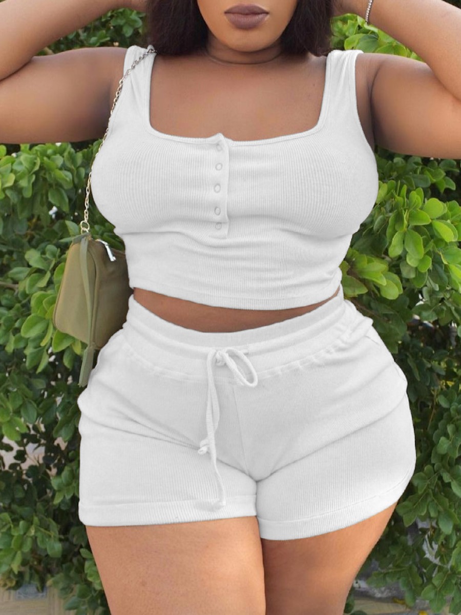 

LW Plus Size Cami Drawstring Shorts Set, White