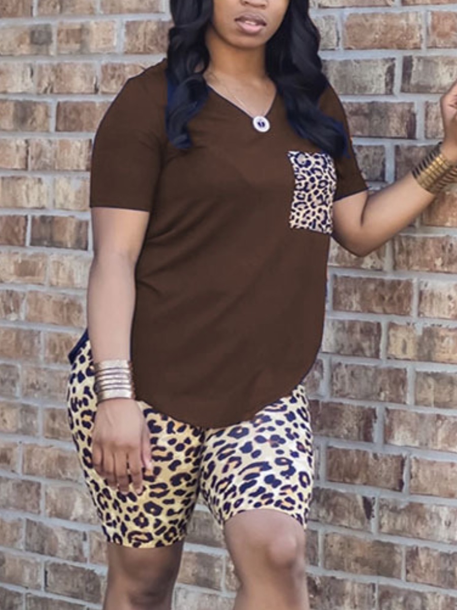 

LW V Neck Leopard Print Shorts Set, Coffee