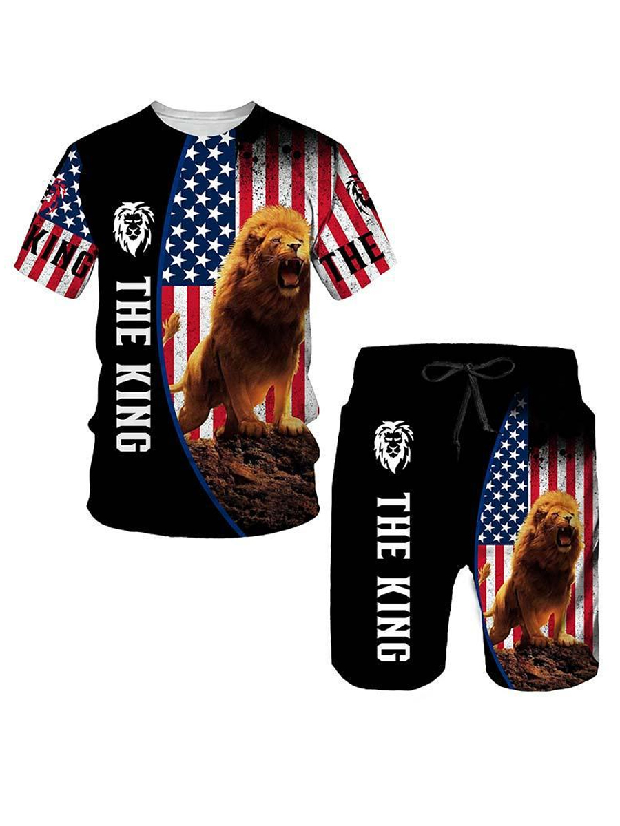 LW Men American Flag Lion Print Shorts Set