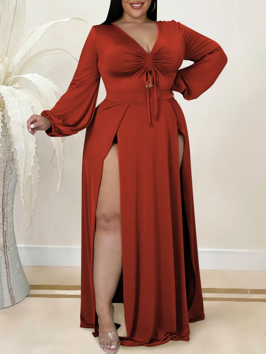 

LW Plus Size High Split Drawstring Ruched Dress, Wine red