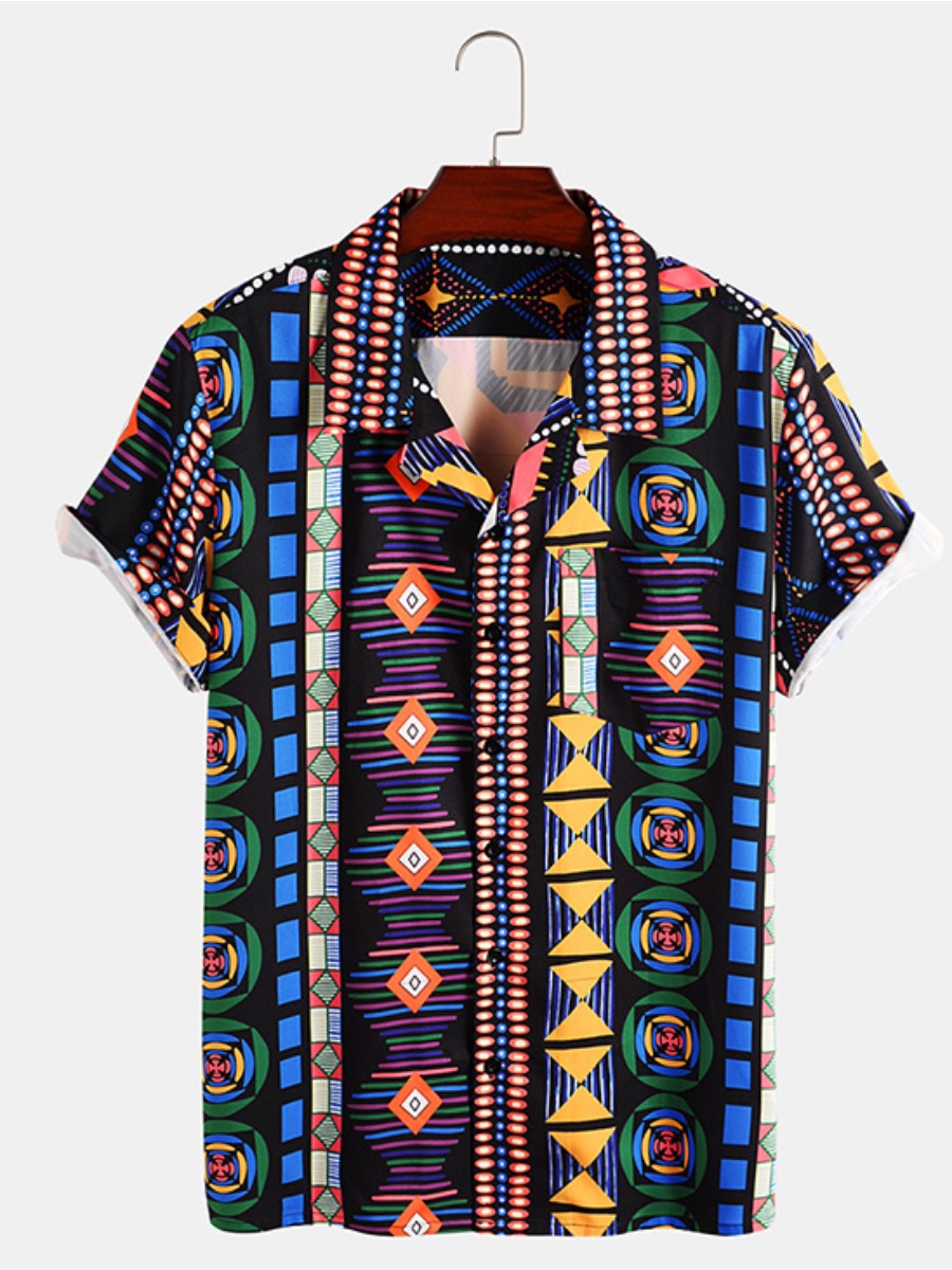 

LW COTTON Men Geometric Print Patchwork Shirt, Multi