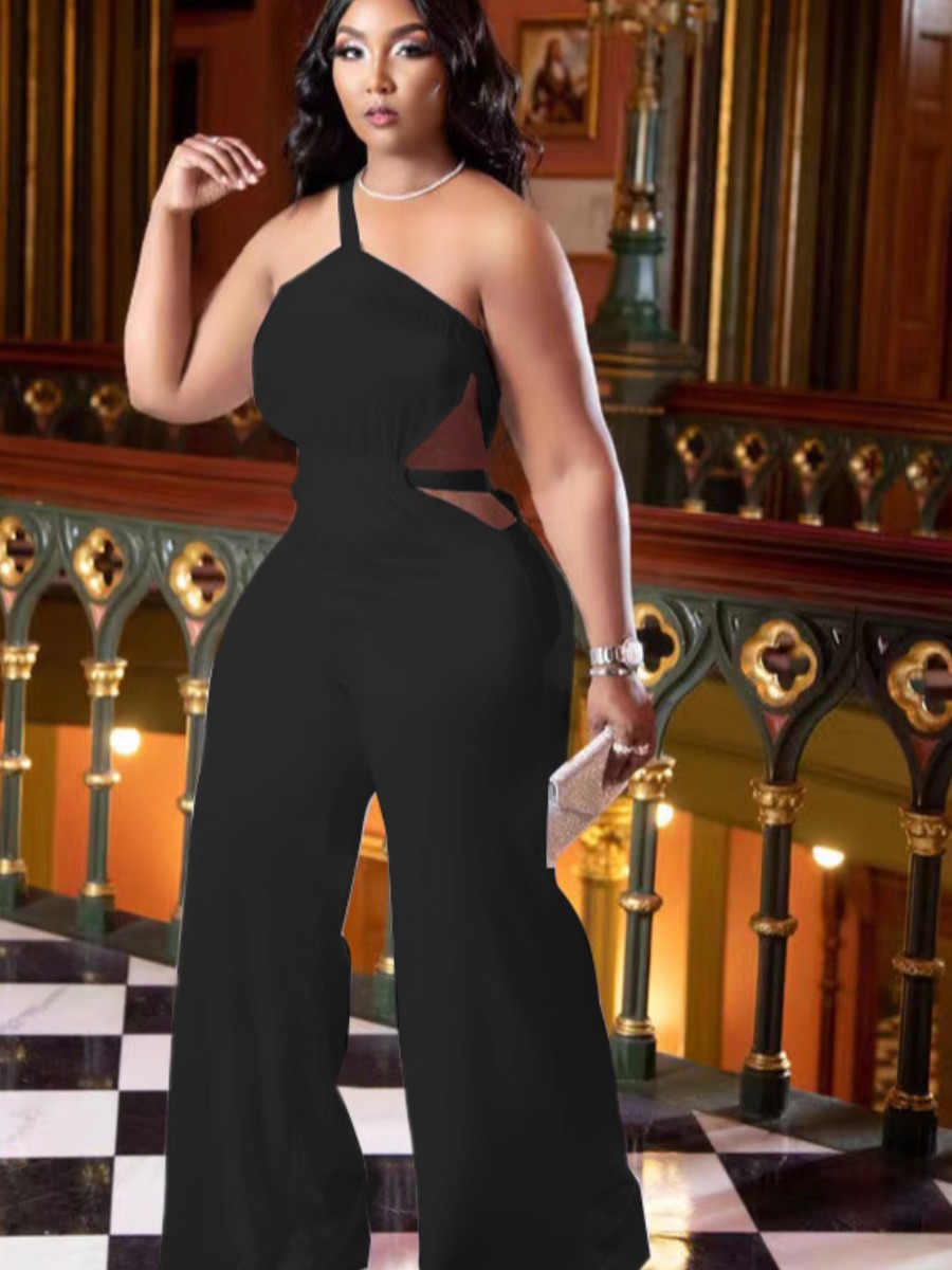 LW SXY Plus Size One Shoulder Cut Out Flared Jumpsuit