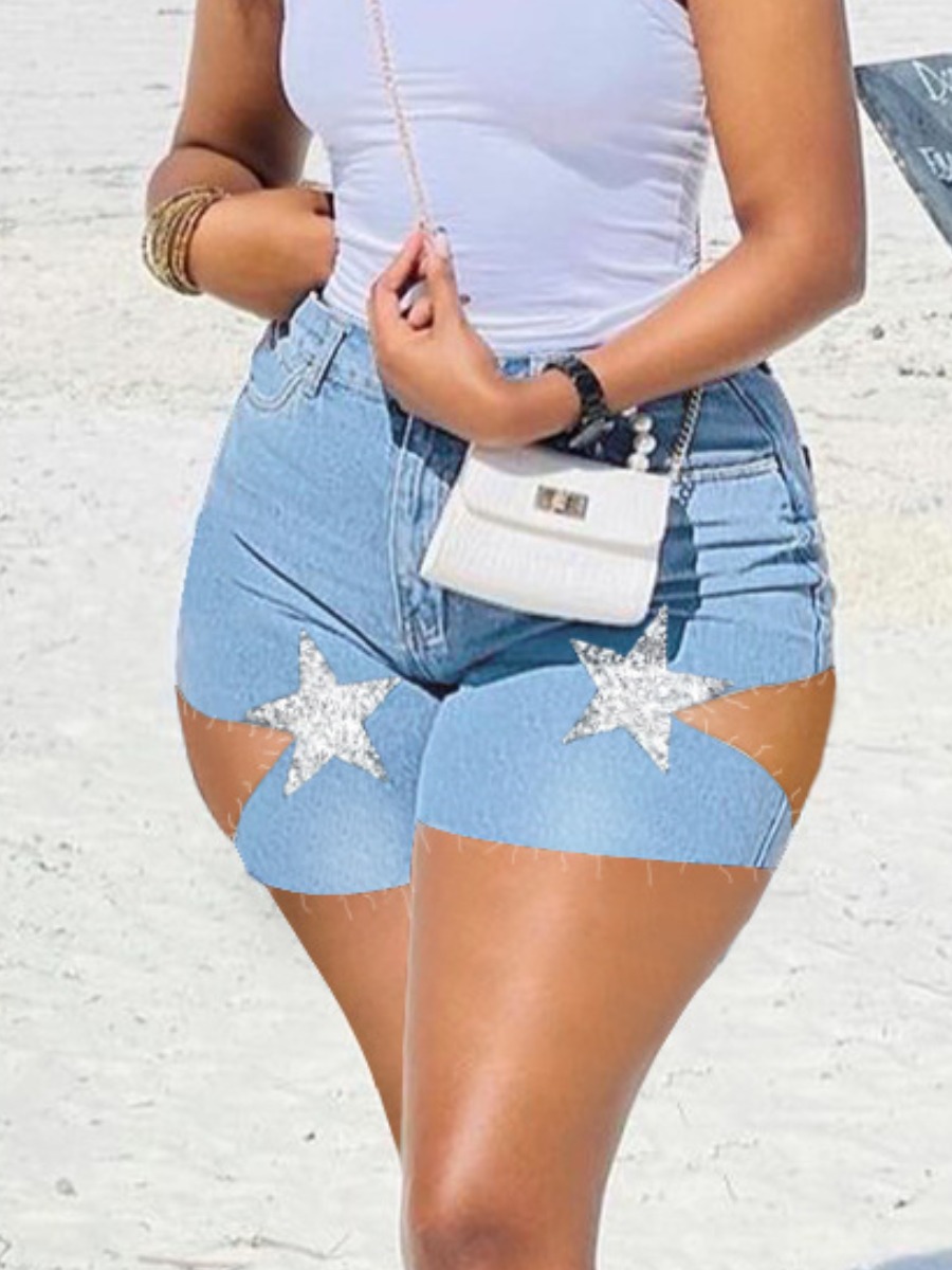 

LW Plus Size Star Decor Ripped Denim Shorts, Baby blue