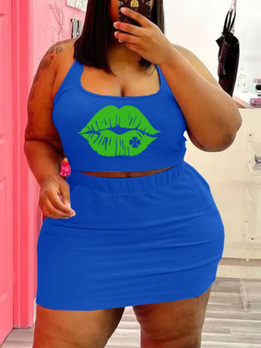 

LW BASICS Plus Size Lip Print Cami Skirt Set, Blue