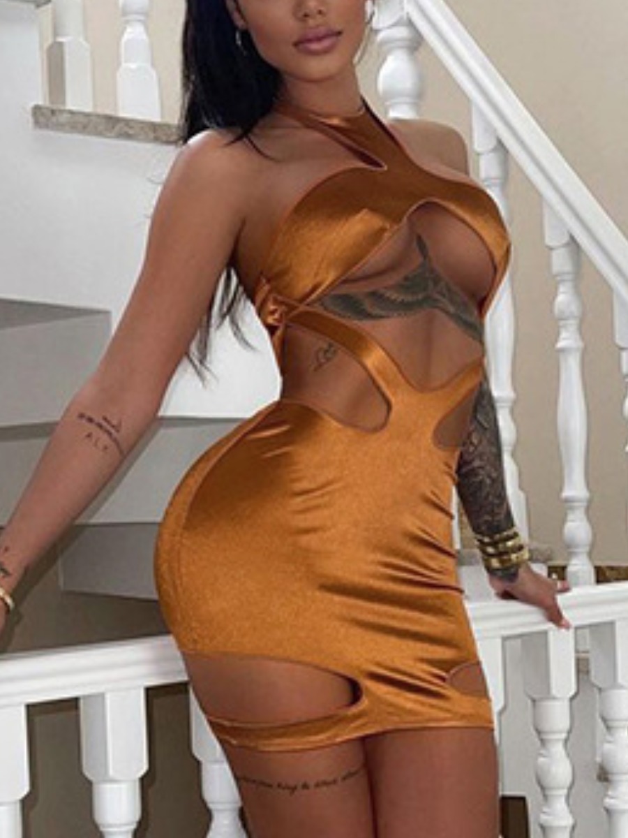 

LW SXY Bandage Hollow-out Design Bodycon Dress, Brown
