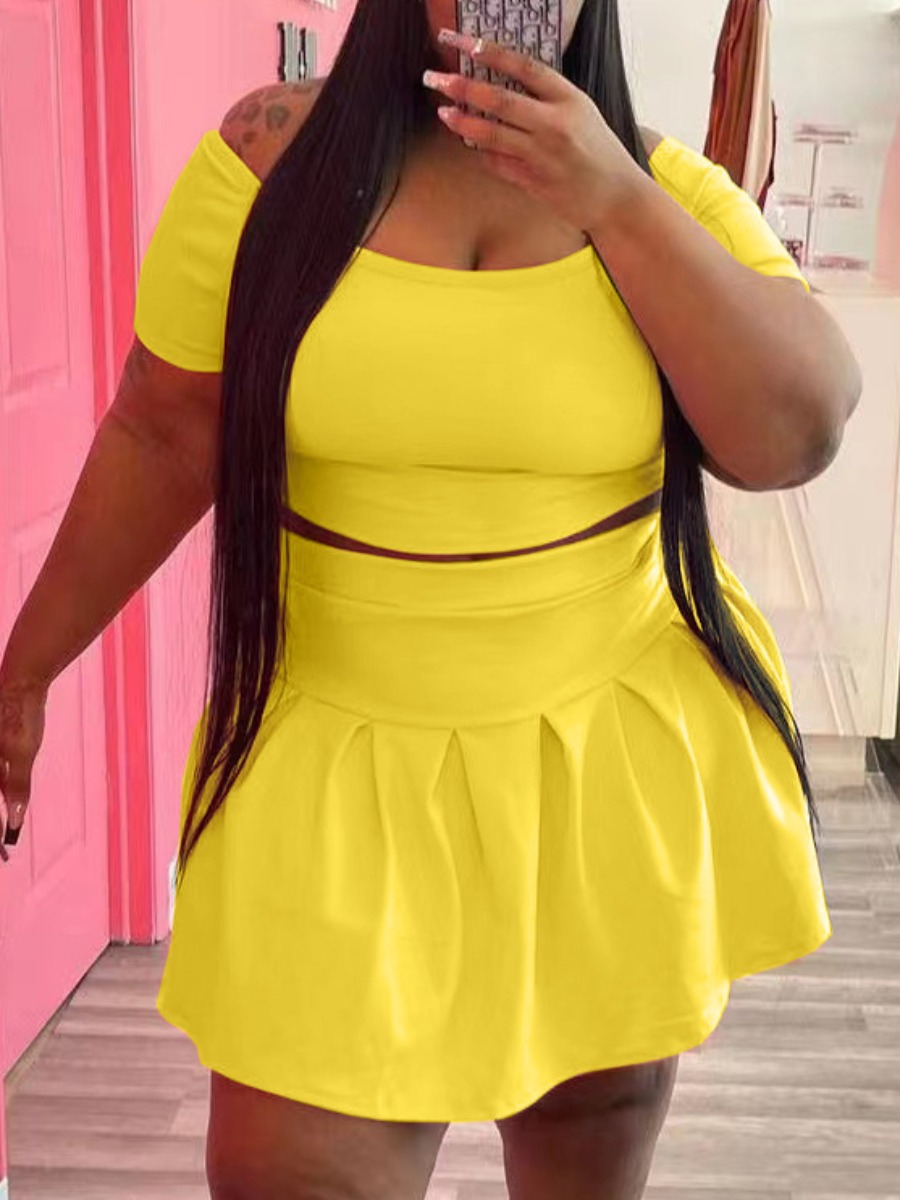 

LW Plus Size Off The Shoulder Flounce Design Skirt Set, Yellow