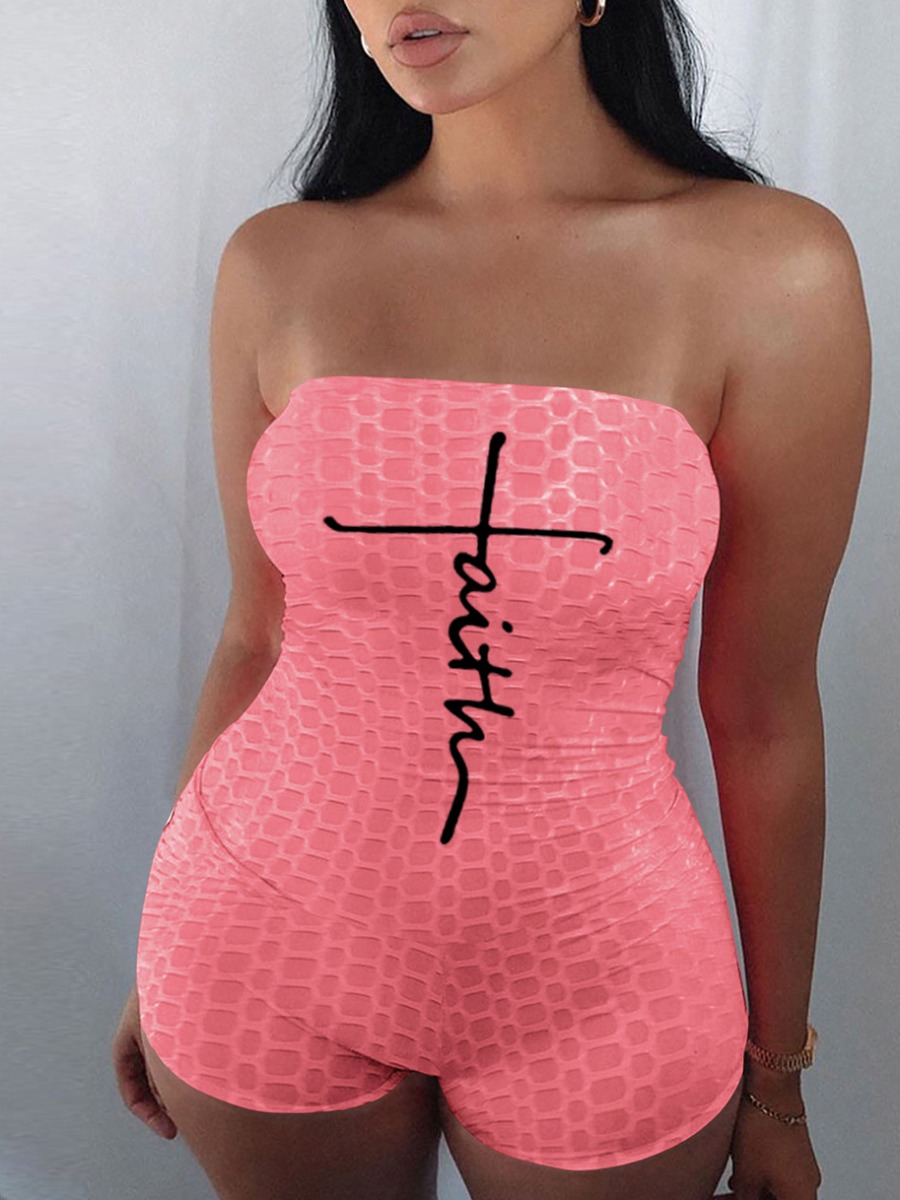 

LW Off The Shoulder Faith Letter Print Romper, Pink