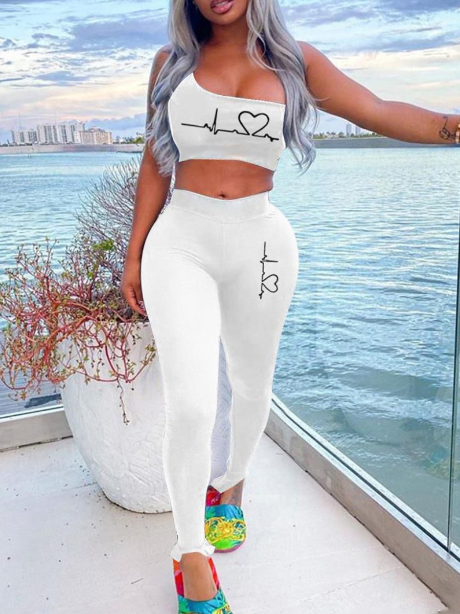 

LW One Shoulder High Stretchy Crop Top Pants Set, White