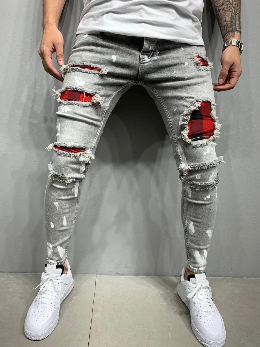 

LW Men Plaid Print Ripped Medium Stretchy Jeans, Grey