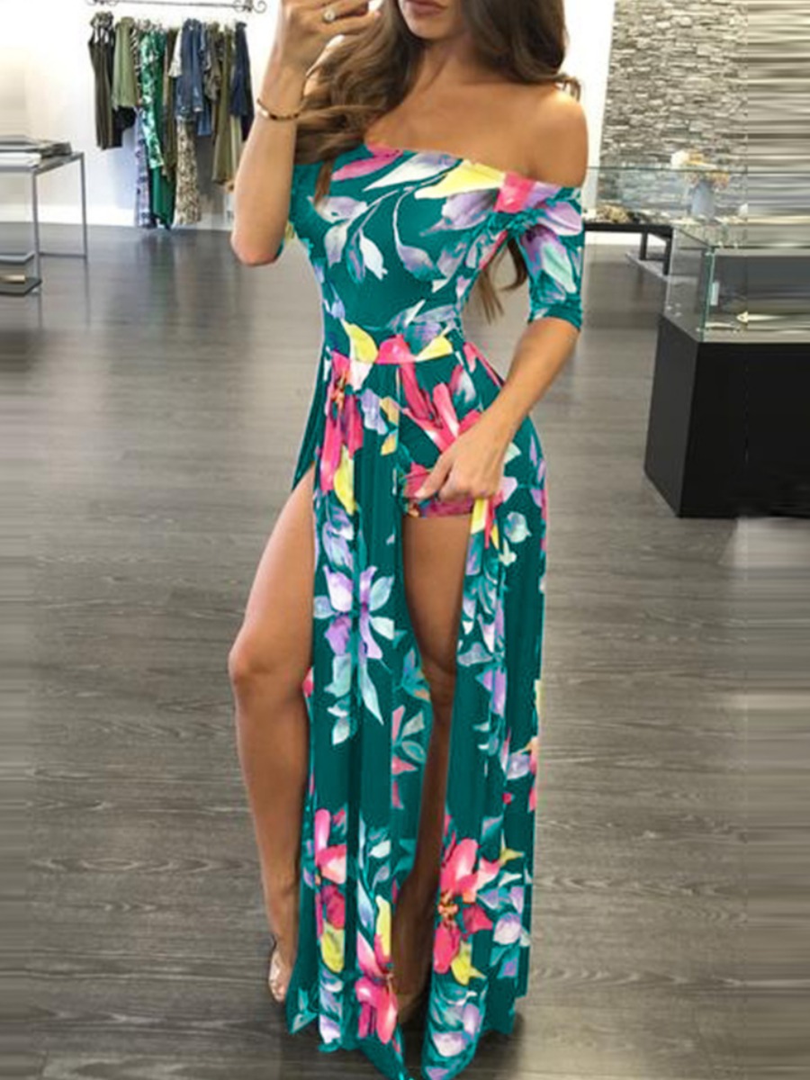 

LW Plus Size Off The Shoulder Floral Print High Split Dress, Green