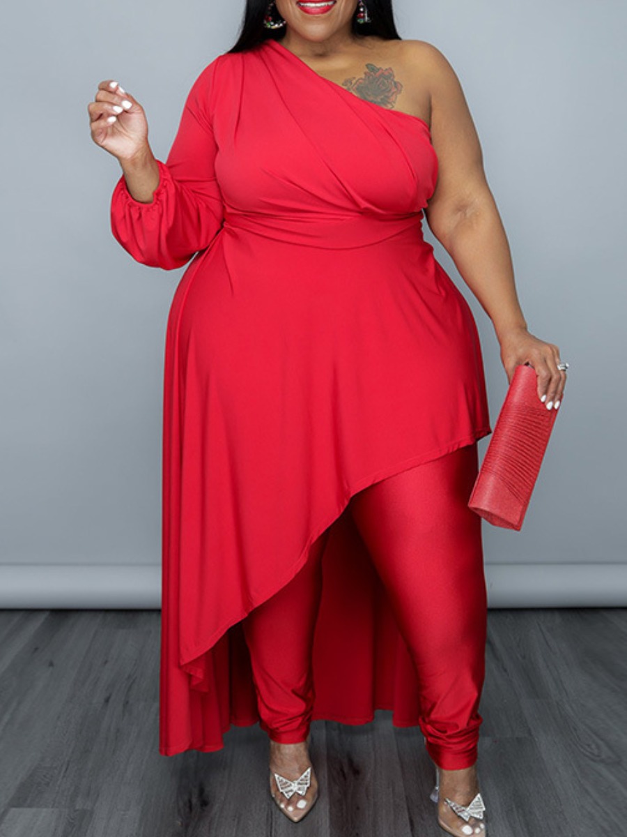 

LW SXY Plus Size One Shoulder Asymmetrical Pants Set, Red