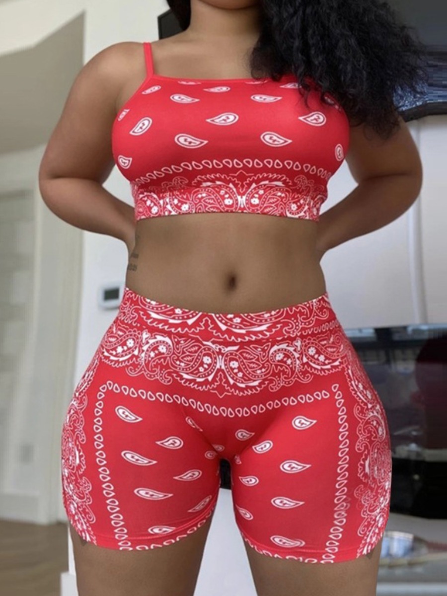 

LW Crop Top Cashew Print Shorts Set, Red