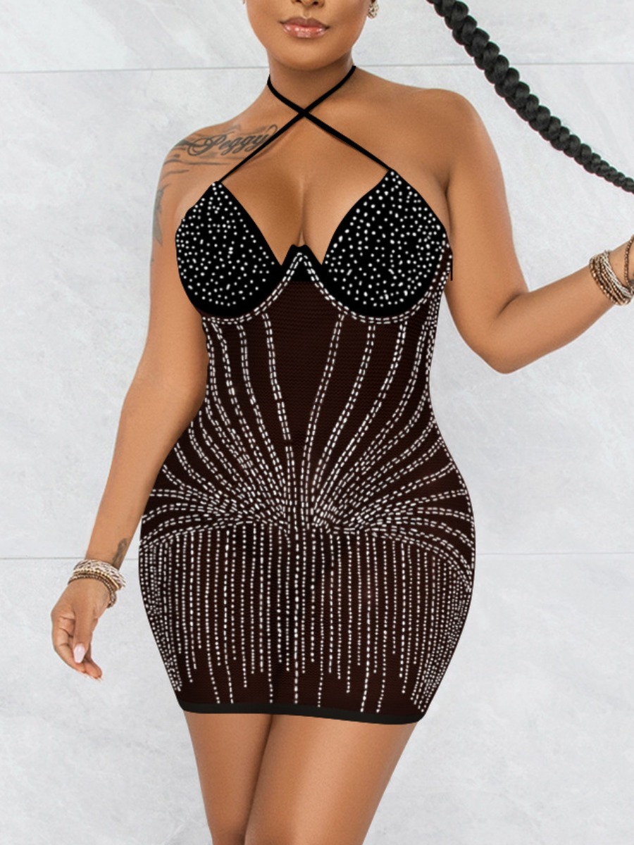 

LW SXY Hot Drilling Backless Prom Dress, Black