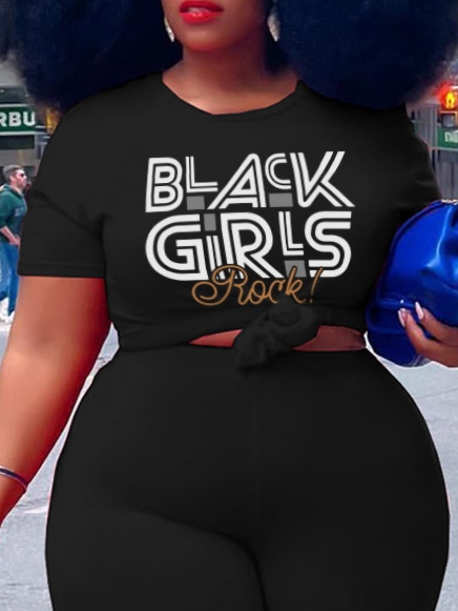

LW Plus Size Rock Letter Print T-shirt, Black