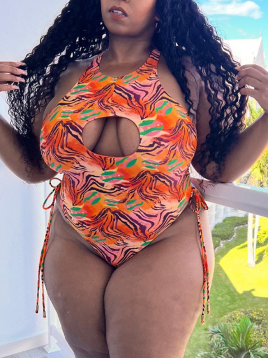 

LW SXY Plus Size Animal Print Cut Out One-piece Swimsuit, Orange