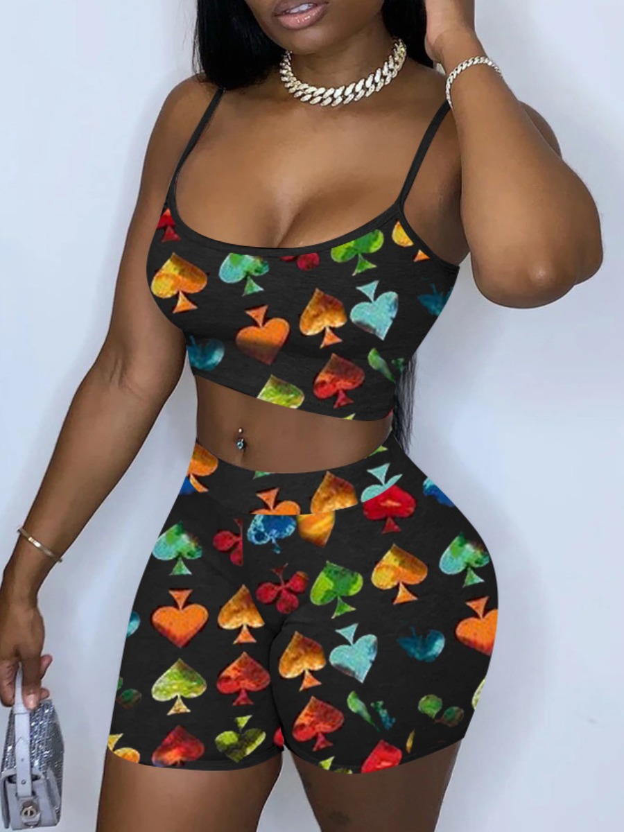 

LW Crop Top Mixed Print Stretchy Shorts Set, Black