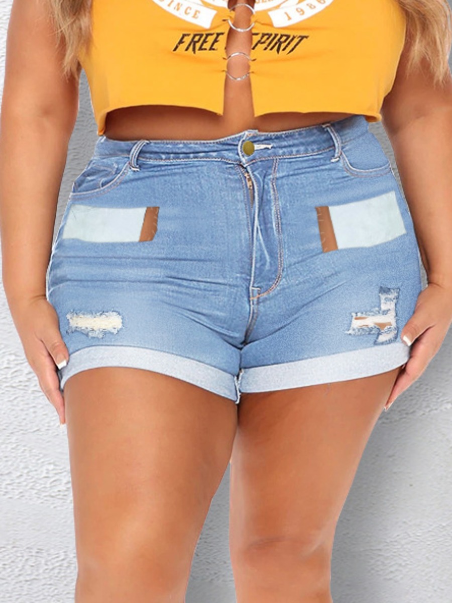 

LW Plus Size Mid Waist Ripped Denim Shorts, Baby blue