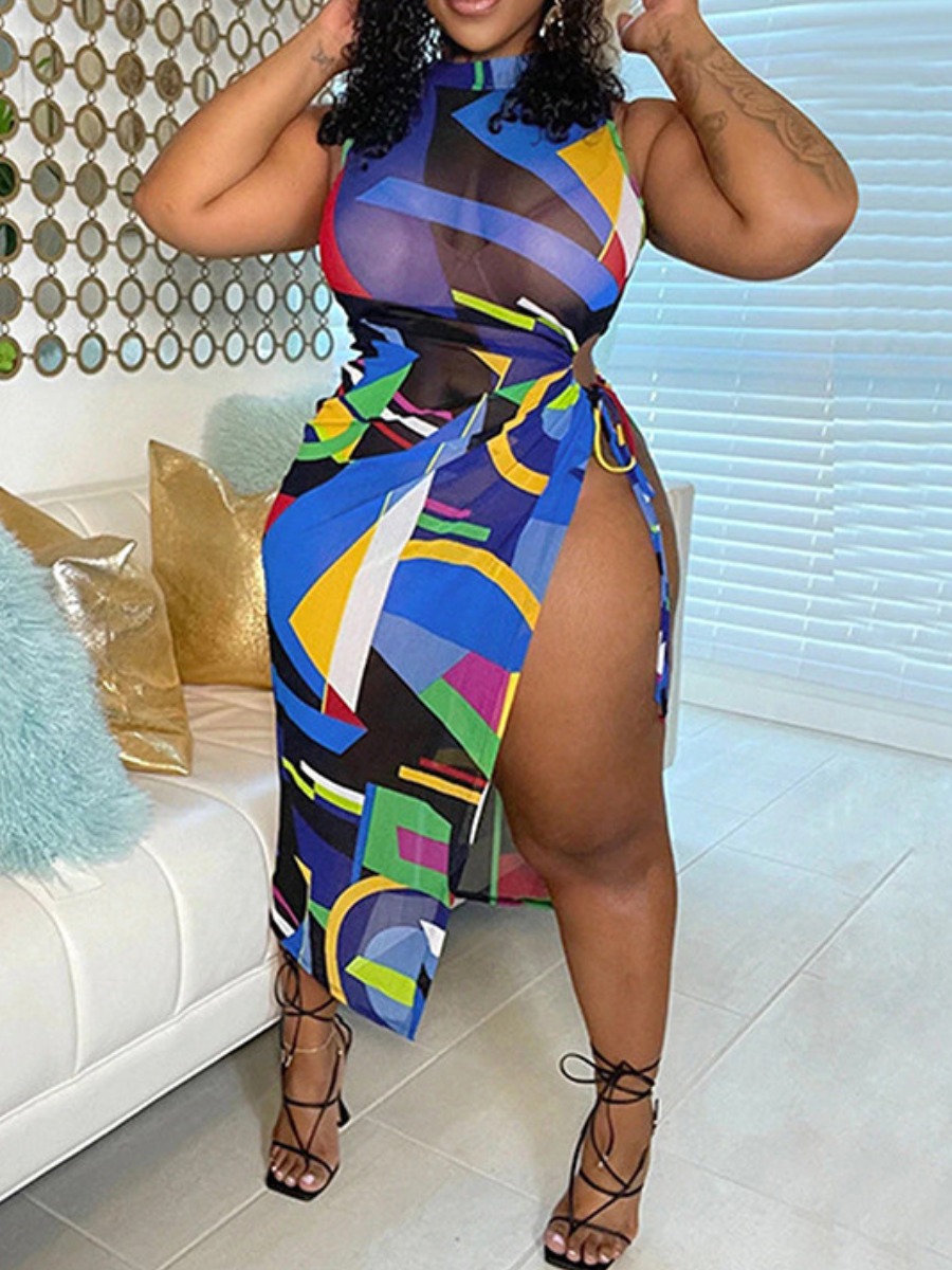 

LW Plus Size Geometric Print See-through Thigh Slit Dress, Blue