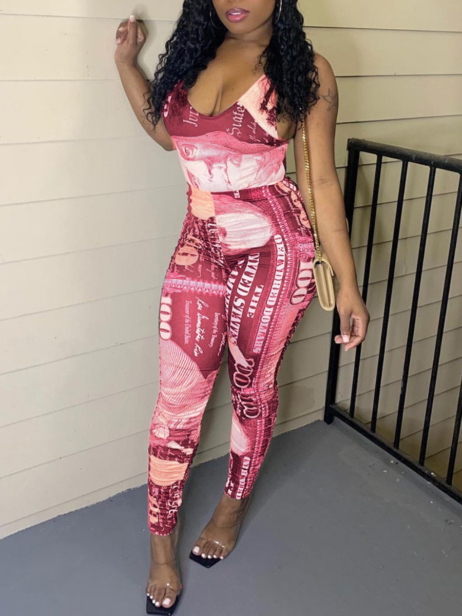 

LW Money Letter Print Skinny Jumpsuit, Pink