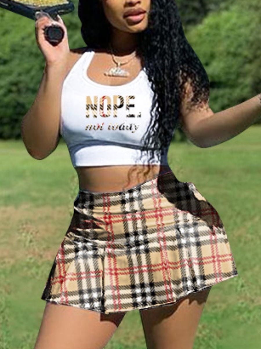 

LW Crop Top Plaid Letter Print Skirt Set, Brown