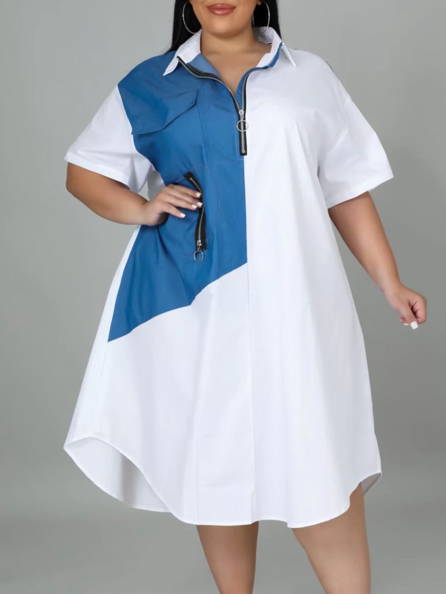 

LW Plus Size Zipper Design Patchwork Shirt Dress, Blue
