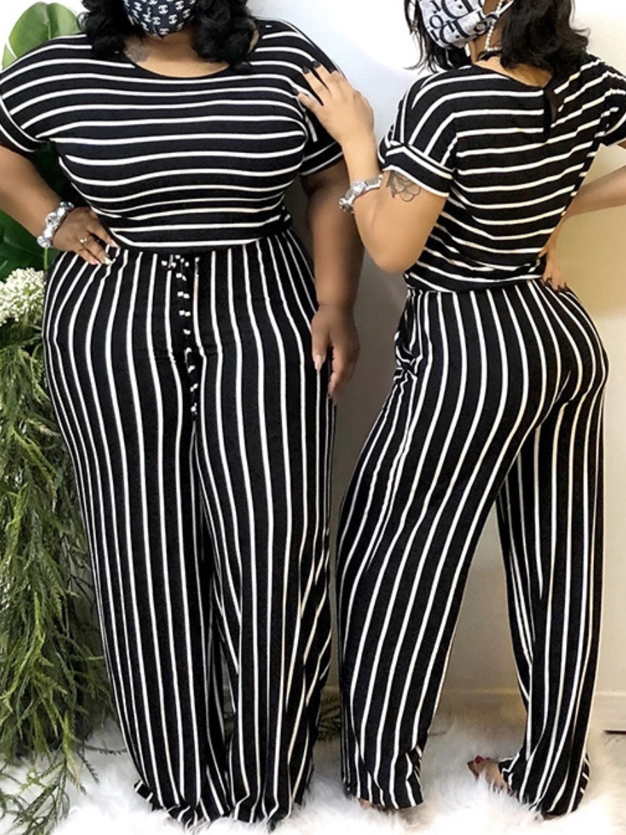 

LW Plus Size Striped Wide Leg Jumpsuit (Without Face Mask), Black