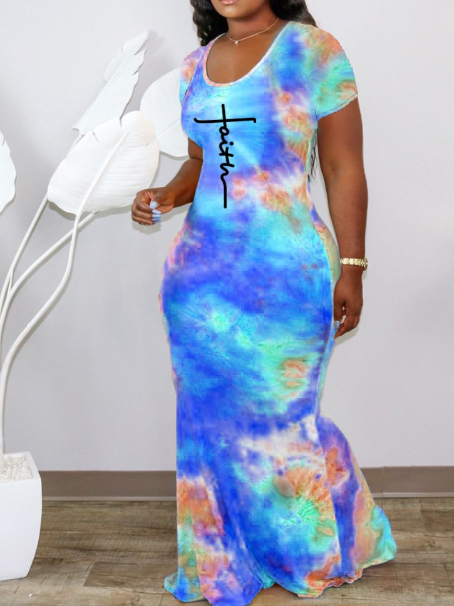 LovelyWholesale Faith Letter Print Tie-dye Dress Summer Short Sleeve Casual Basic Round Neck Spring Summer 2024