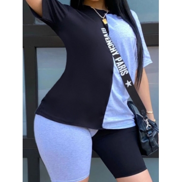 

LW Plus Size Casual O Neck Patchwork Blue Two-piece Shorts Set