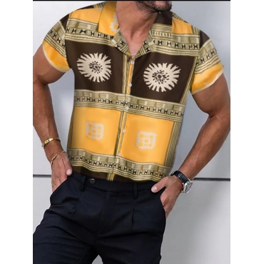 

LW COTTON Men Geometric Print Patchwork Shirt, Yellow