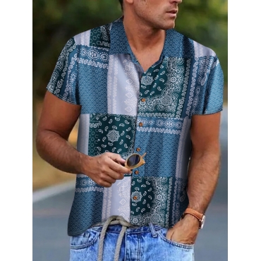 

LW COTTON Men Cashew Print Patchwork Shirt, Blue