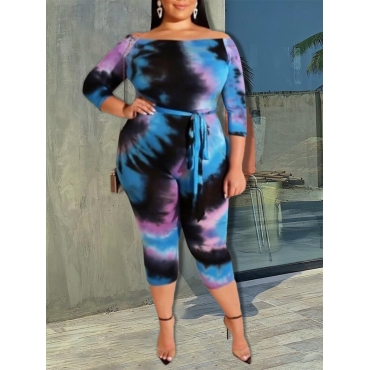 

LW Plus Size Boat Neck Tie-dye Stretchy Jumpsuit, Blue