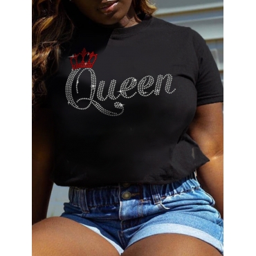 

LW Plus Size Rhinestone Crown Letter Decor T-shirt, Black