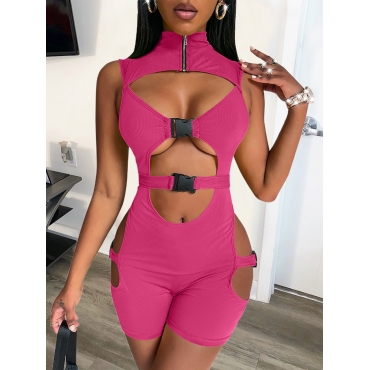 

LW Buckle Design Cut Out Skinny Romper, Rose red