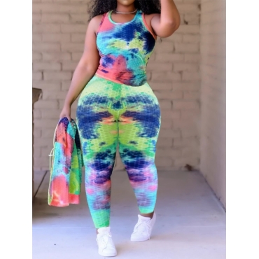 

LW Plus Size Sporty O Neck Tie-dye Multicolor Two-piece Pants Set, Multi