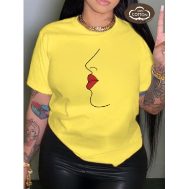 

LW COTTON Plus Size Round Neck Figure Print T-shirt, Yellow