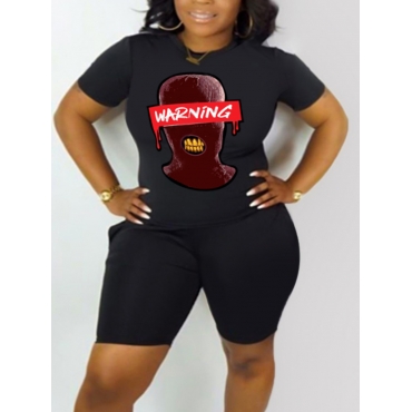 

LW Plus Size Masked Face Letter Print Shorts Set, Black