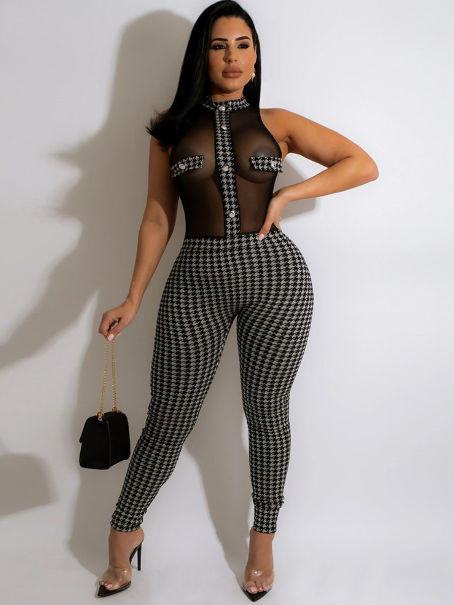 LW SXY Houndstooth See-through Jumpsuit
