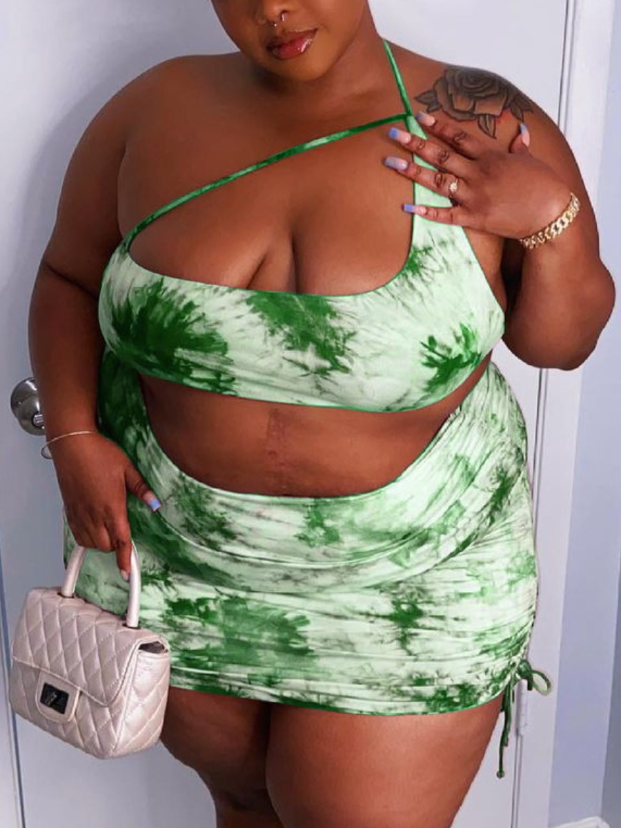 

LW Plus Size Tie-dye Drawstring Skirt Set, Green